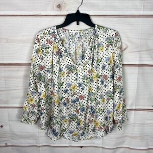 DRA Los Angeles Top Womens S Multicolor Floral Blouse Satin V-Neck Long Sleeve